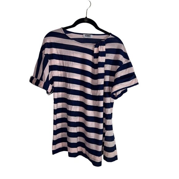 Sonia Rykiel Tops - SONIA BY SONIA RYKIEL Navy and Pink Wool Blend Striped Short Sleeve Top